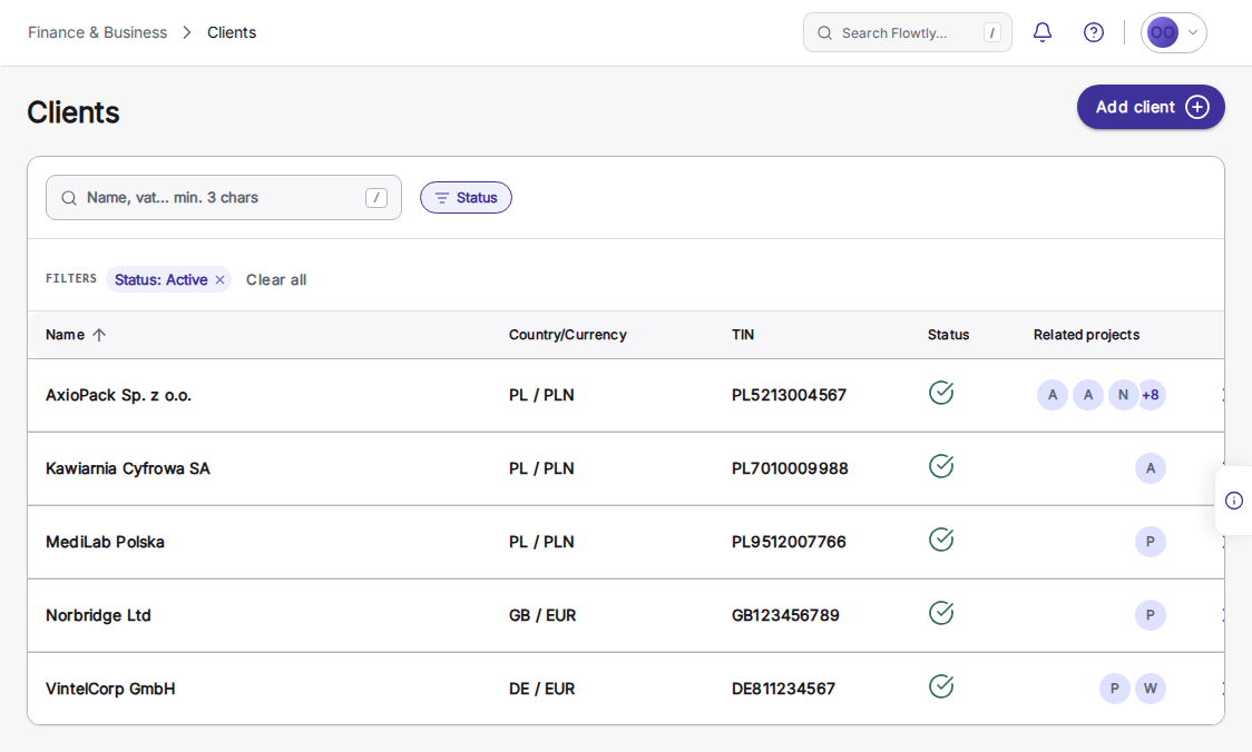 Liste des clients dans Flowtly avec le bouton Ajouter un client