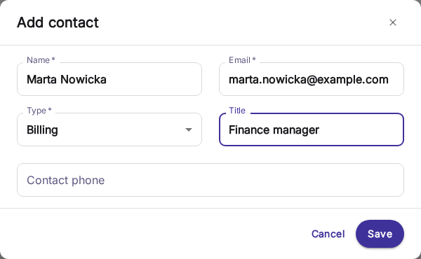 Formulaire d'ajout de contact avec les champs nom, e-mail et type