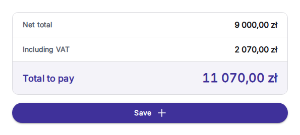 Récapitulatif de la facture avec total HT, TVA, total à payer et le bouton Enregistrer