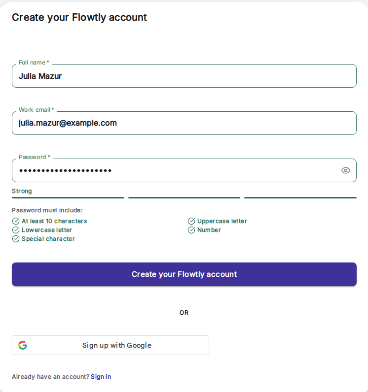 Utilisateur remplissant le formulaire d'inscription Flowtly