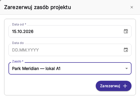 La boîte de dialogue de réservation d'une ressource de projet dans l'interface polonaise, avec une date de début, une date de fin vide et la ressource Park Meridian unit A1.